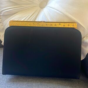 After hours satin clutch 1930-1940 gold flowered trim top hand carry strap back